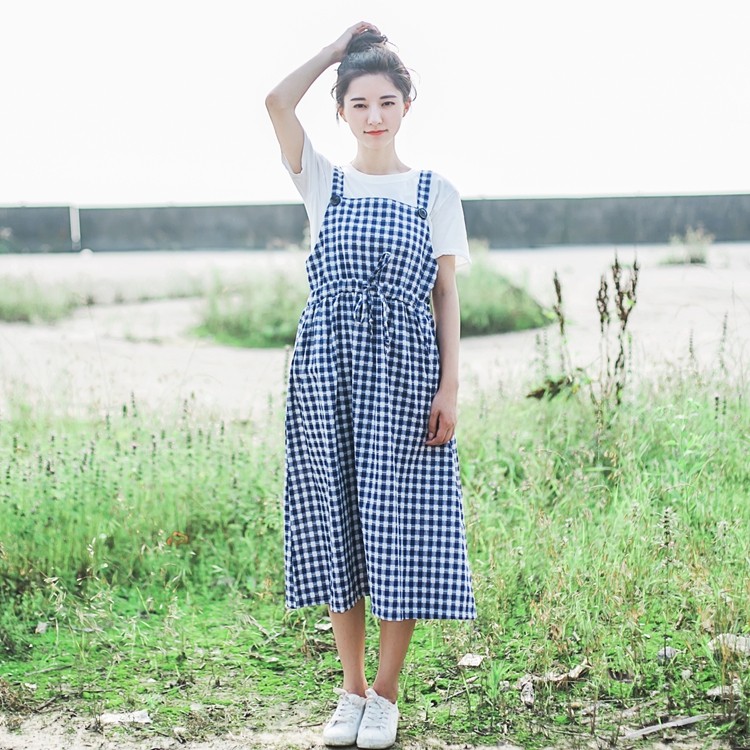 Summer-Dress-Spaghetti-Strap-High-Waist-Women-Dress-Casual-Loose-Cotton-Linen-Plaid-Long-Dress-Black-32718048320