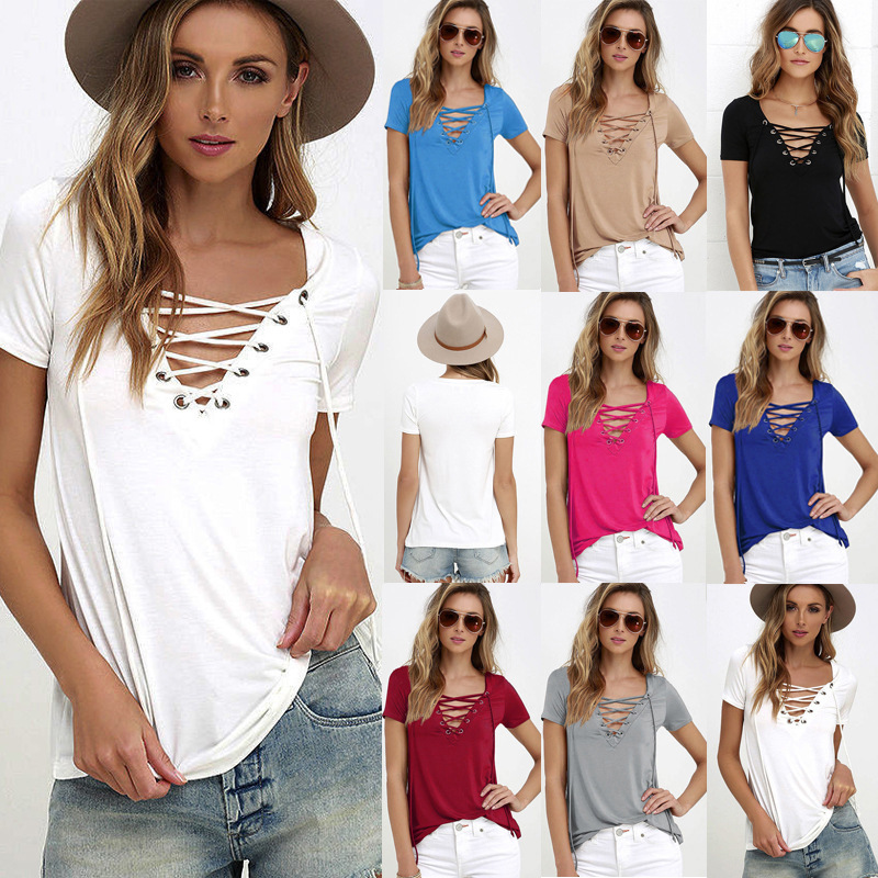 Summer-Fashion-Women-T-shirts-Short-Sleeve-Sexy-Deep-V-Neck-Bandage-Shirts-Women-Lace-Up-Tops-Tees-T-32794970283