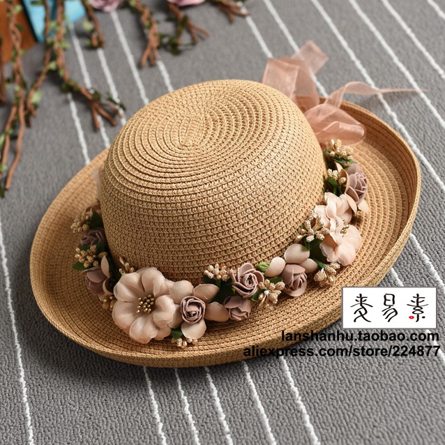 Summer-Handmade-flower-strawhat-women39s-Garland-sunbonnet-bucket-hat-roll-up-hem-beach-cap-sun-hat--32626629806