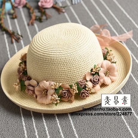 Summer-Handmade-flower-strawhat-women39s-Garland-sunbonnet-bucket-hat-roll-up-hem-beach-cap-sun-hat--32626629806