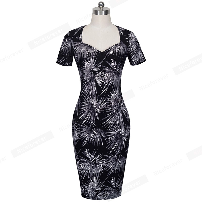 Summer-Women-Outfits-Elegant-Leaf-Print-Sheath-Business-Office-Wear-Dresses-Knee-Length-Sweat-heart--32698960237