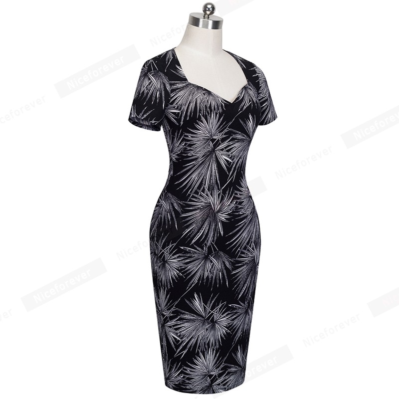 Summer-Women-Outfits-Elegant-Leaf-Print-Sheath-Business-Office-Wear-Dresses-Knee-Length-Sweat-heart--32698960237