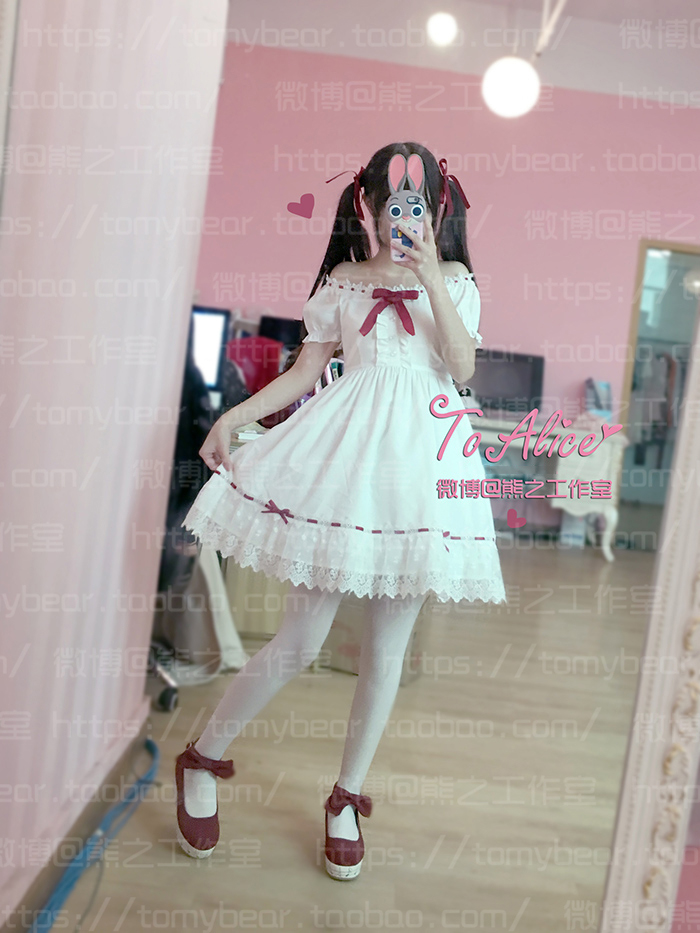 Super-Cute-Girls-White-Lace-Dress-Red-Ribbon-Big-Bow-Short-Sleeve-Lolita-Dress-32663293882