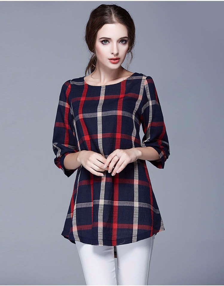 T-Shirt-Femme-Autumn-Cotton-Linen-Three-Quarter-Sleeve-Casual-Vintage-Loose-Plaid-Women-TopsampTees--32435481141