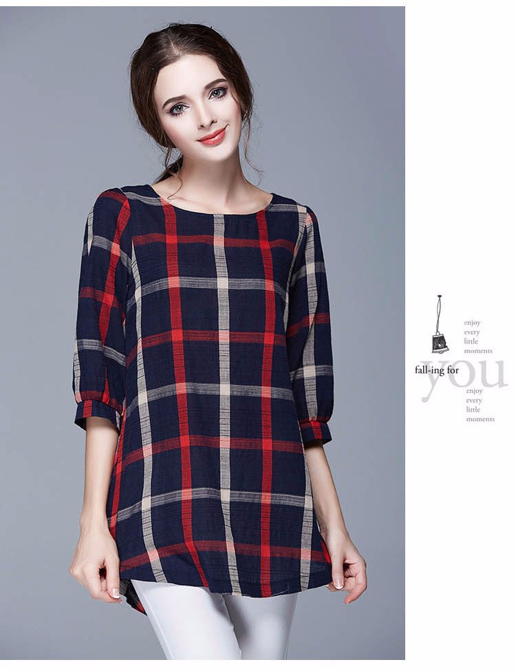 T-Shirt-Femme-Autumn-Cotton-Linen-Three-Quarter-Sleeve-Casual-Vintage-Loose-Plaid-Women-TopsampTees--32435481141