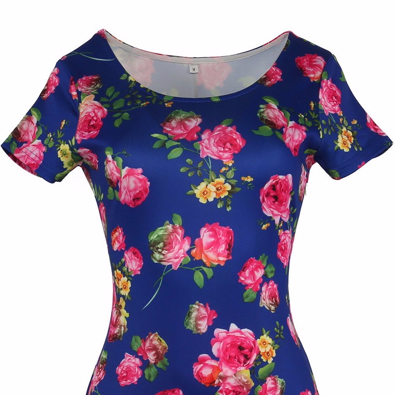 T39O-2016-New-Hot-Europe-Fashion-Round-Neck-Rose-Flower-Print-Short-Sleeve-PinkKhakiBlueWhite-Casual-32765482052