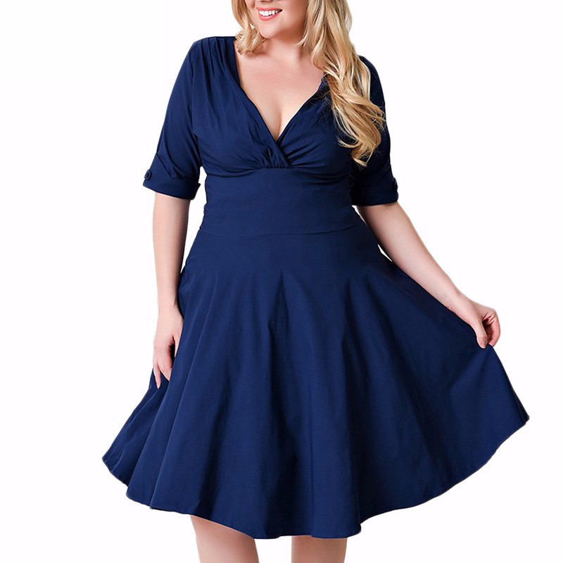 T39O-Plus-Size-Swing-Dress-4XL-5XL-6XL-7XL-8XL-Retro-1950s-Pinup-Ruffle-V-Neck-Stretchy-Half-Sleeve--32774356760