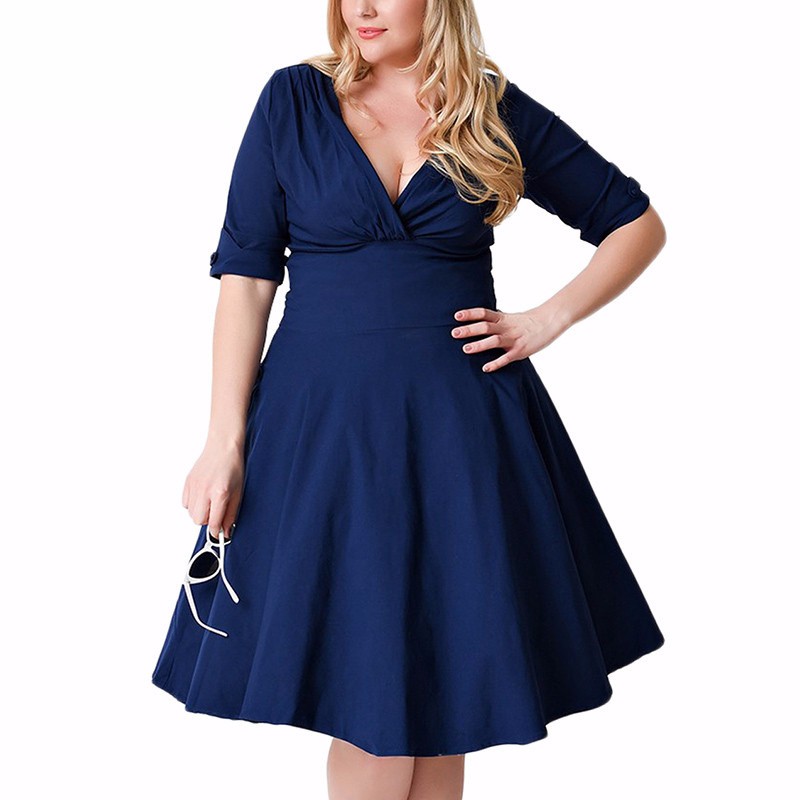 T39O-Plus-Size-Swing-Dress-4XL-5XL-6XL-7XL-8XL-Retro-1950s-Pinup-Ruffle-V-Neck-Stretchy-Half-Sleeve--32774356760