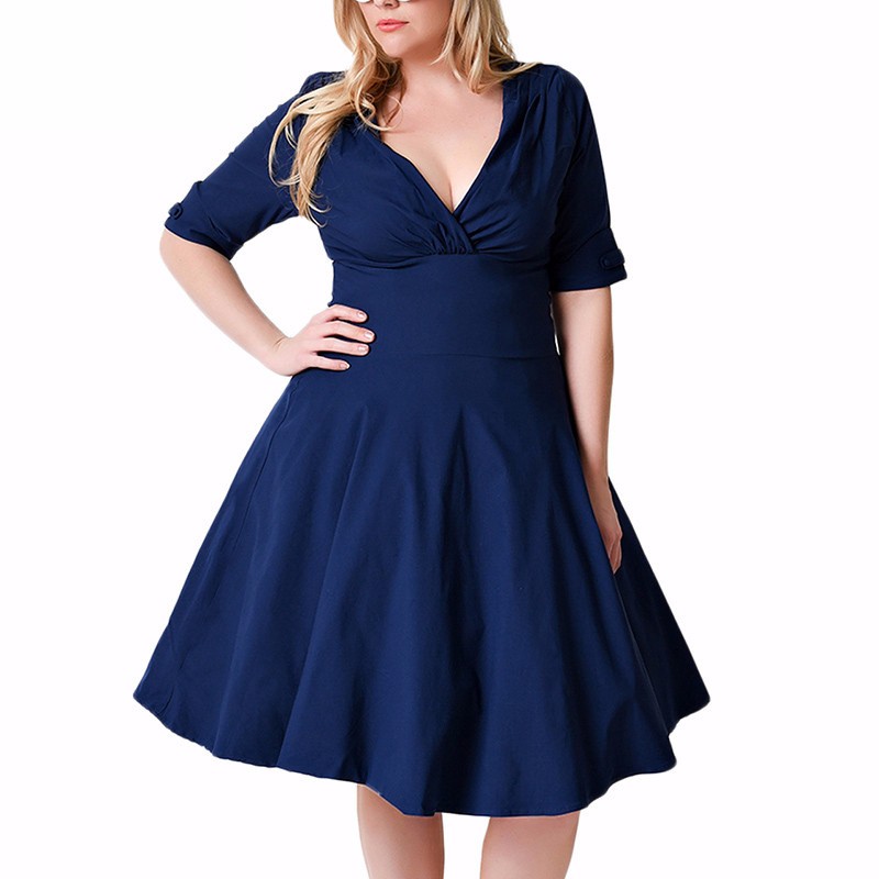 T39O-Plus-Size-Swing-Dress-4XL-5XL-6XL-7XL-8XL-Retro-1950s-Pinup-Ruffle-V-Neck-Stretchy-Half-Sleeve--32774356760