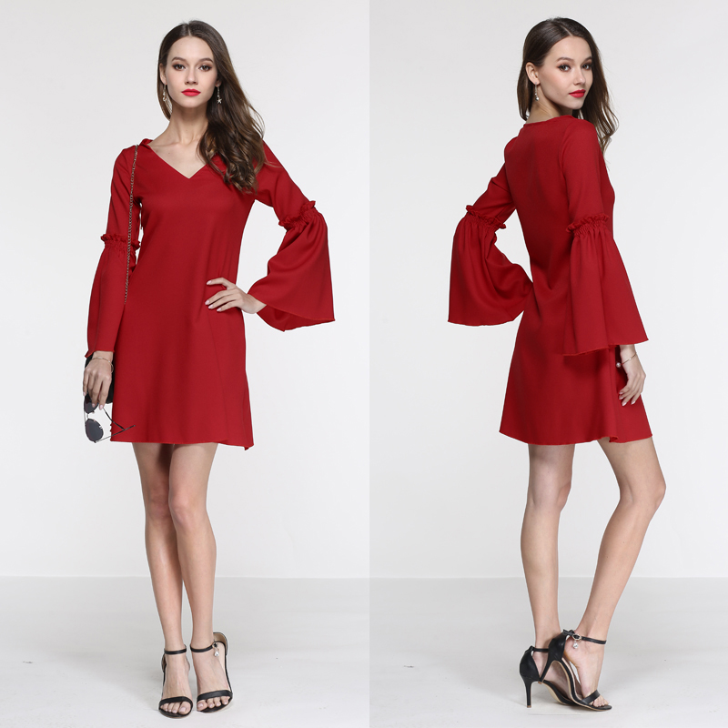 TANGNEST-Women-Mini-Dress-2017-New-Spring-Summer-Sexy-European-Long-Flare-Sleeve-V-Neck-Solid-Color--32793367981