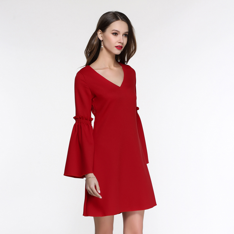 TANGNEST-Women-Mini-Dress-2017-New-Spring-Summer-Sexy-European-Long-Flare-Sleeve-V-Neck-Solid-Color--32793367981