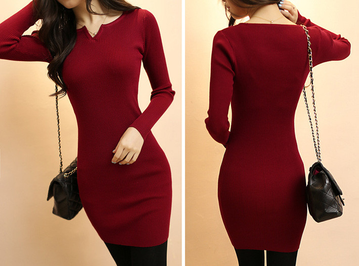 TANGNEST-Women-Sexy-Sweater-Dress-2016-Autumn-Winter-Fashion-V-Neck-Bodycon-Basic-Mini-Solid-Color-K-32730043258