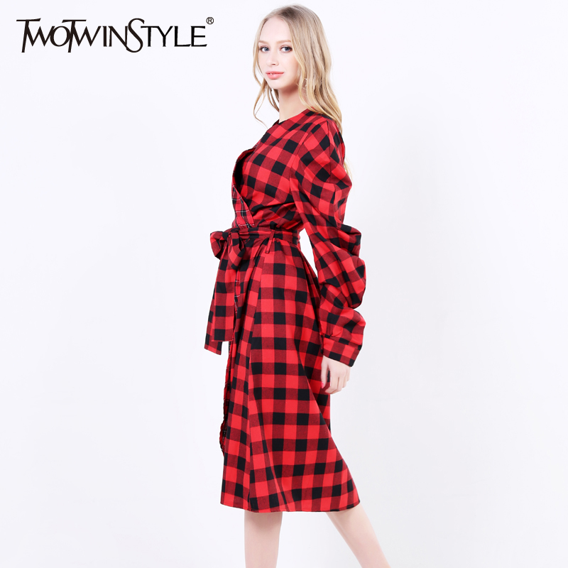 TWOTWINSTYLE-2017-Women-Lace-up-Plaid-Midi-Wrap-Dresses-Sexy-V-Neck-Long-Puff-Sleeve-Asymmetrical-He-32788094345