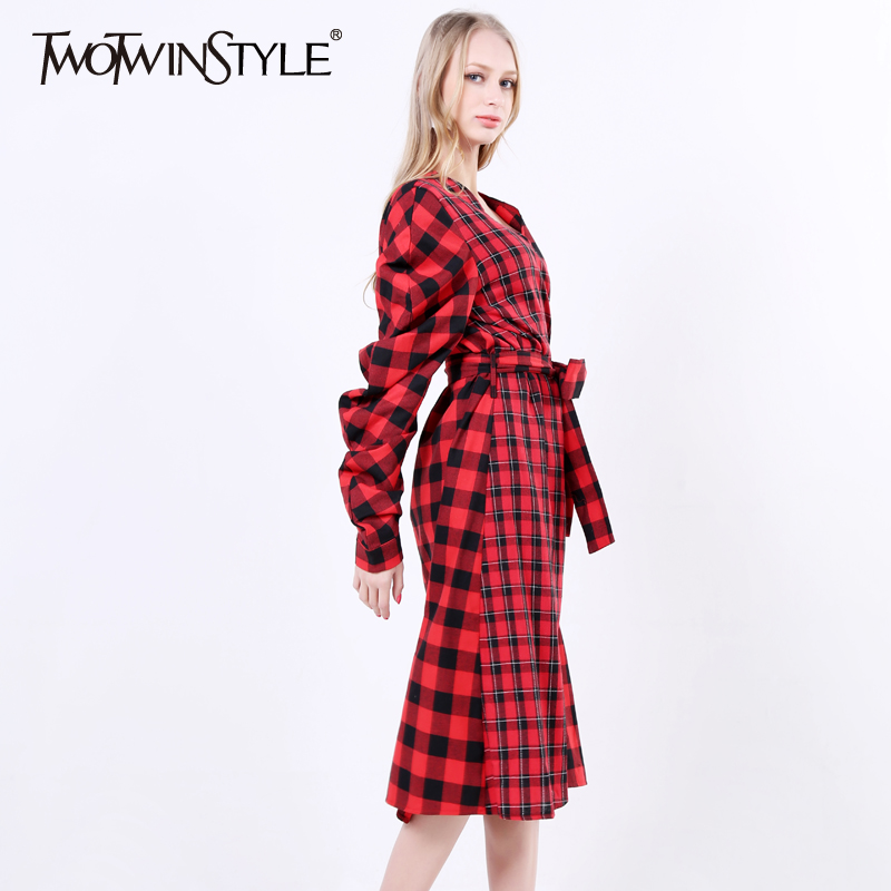 TWOTWINSTYLE-2017-Women-Lace-up-Plaid-Midi-Wrap-Dresses-Sexy-V-Neck-Long-Puff-Sleeve-Asymmetrical-He-32788094345