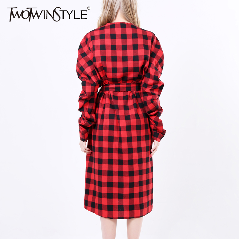 TWOTWINSTYLE-2017-Women-Lace-up-Plaid-Midi-Wrap-Dresses-Sexy-V-Neck-Long-Puff-Sleeve-Asymmetrical-He-32788094345