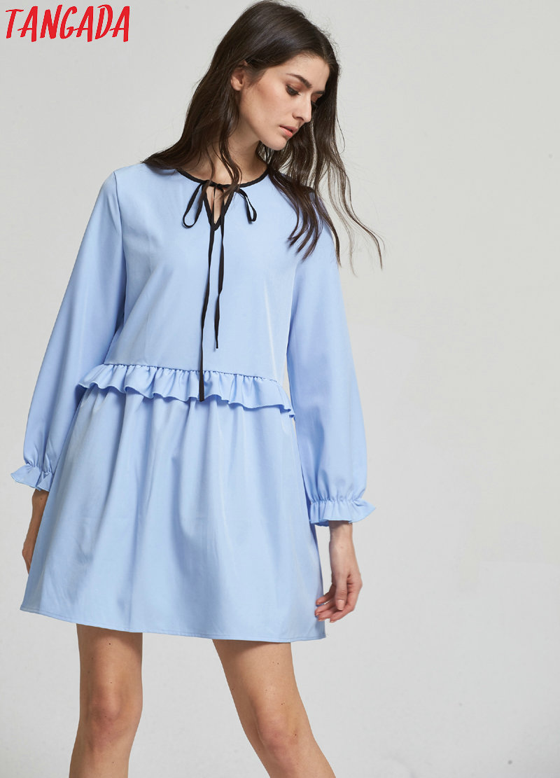 Tangada-European-Fashion-Women-Ruffles-Sky-Blue-Mini-Dress-Bow-Tie-O-Neck-Butterfly-Sleeve-Cozy-Casu-32744313759