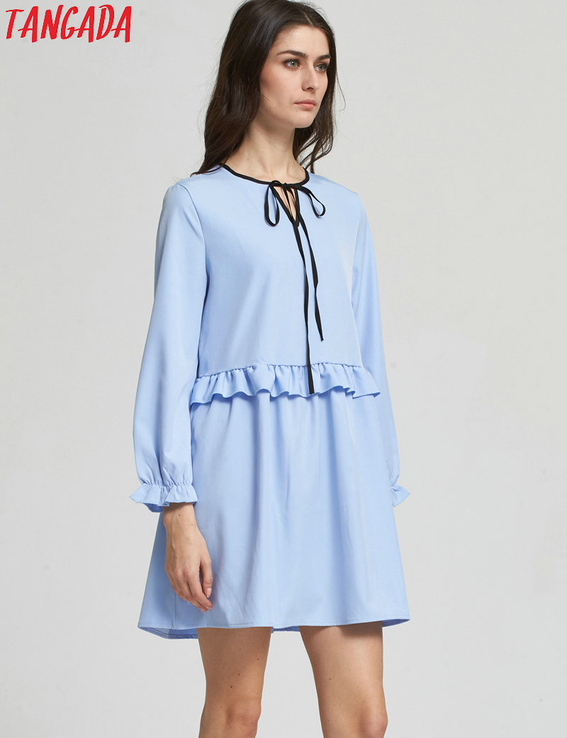 Tangada-European-Fashion-Women-Ruffles-Sky-Blue-Mini-Dress-Bow-Tie-O-Neck-Butterfly-Sleeve-Cozy-Casu-32744313759