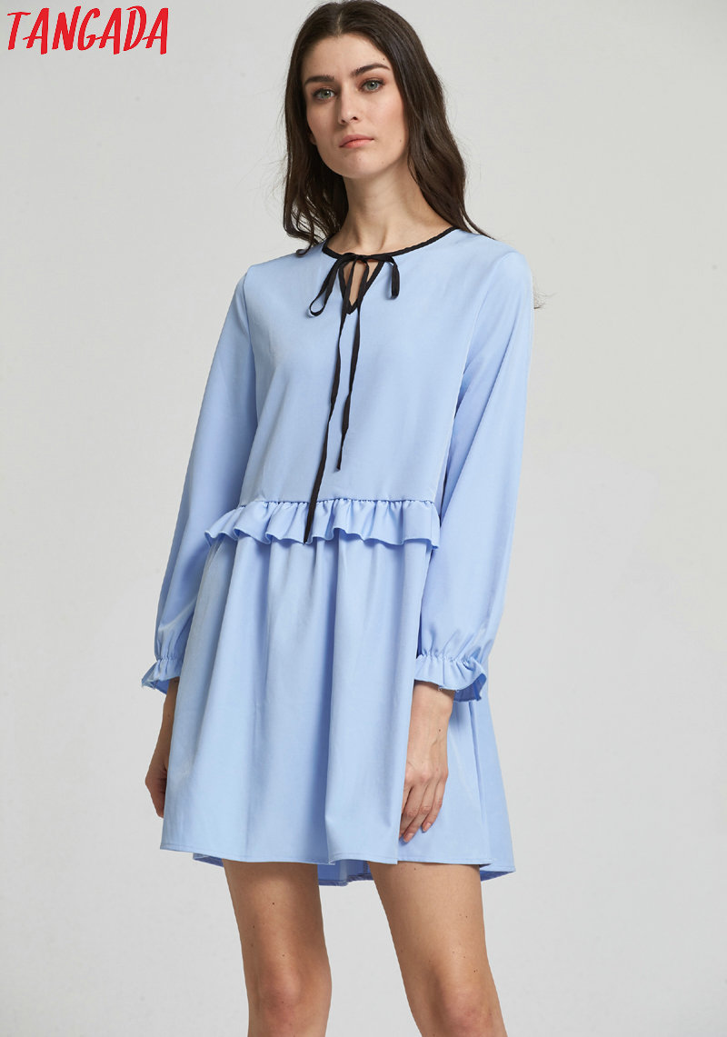 Tangada-European-Fashion-Women-Ruffles-Sky-Blue-Mini-Dress-Bow-Tie-O-Neck-Butterfly-Sleeve-Cozy-Casu-32744313759