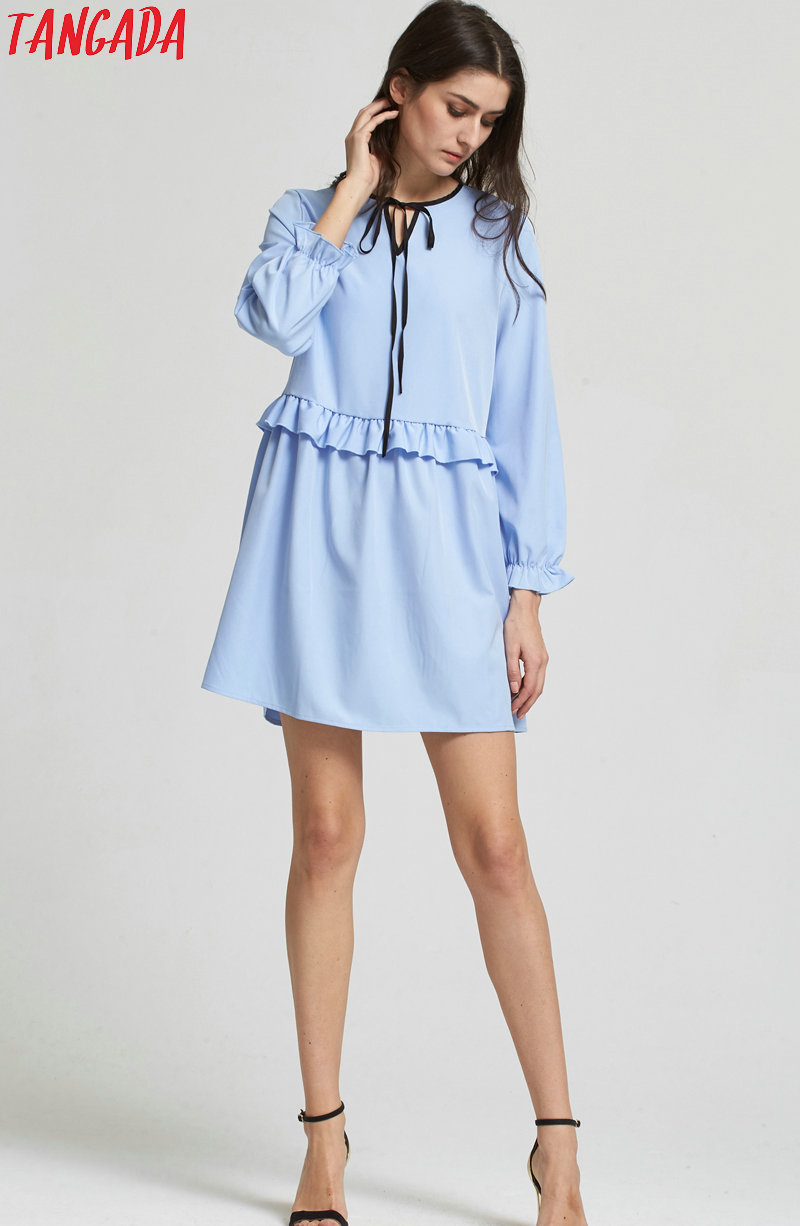 Tangada-European-Fashion-Women-Ruffles-Sky-Blue-Mini-Dress-Bow-Tie-O-Neck-Butterfly-Sleeve-Cozy-Casu-32744313759