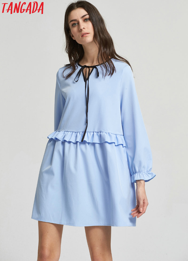 Tangada-European-Fashion-Women-Ruffles-Sky-Blue-Mini-Dress-Bow-Tie-O-Neck-Butterfly-Sleeve-Cozy-Casu-32744313759