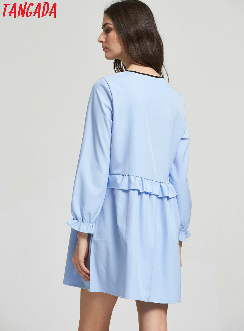 Tangada-European-Fashion-Women-Ruffles-Sky-Blue-Mini-Dress-Bow-Tie-O-Neck-Butterfly-Sleeve-Cozy-Casu-32744313759