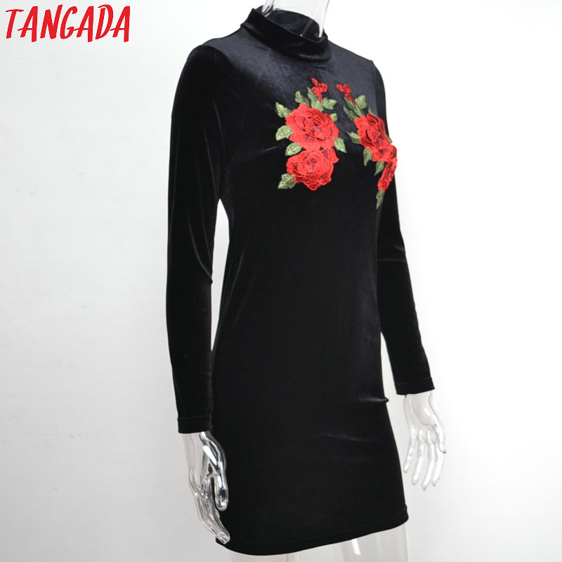 Tangada-Fashion-Black-Velvet-Women-Dress-Winter-Floral-Embroidery-Standing-Collar-Long-Sleeve-Casual-32778812550