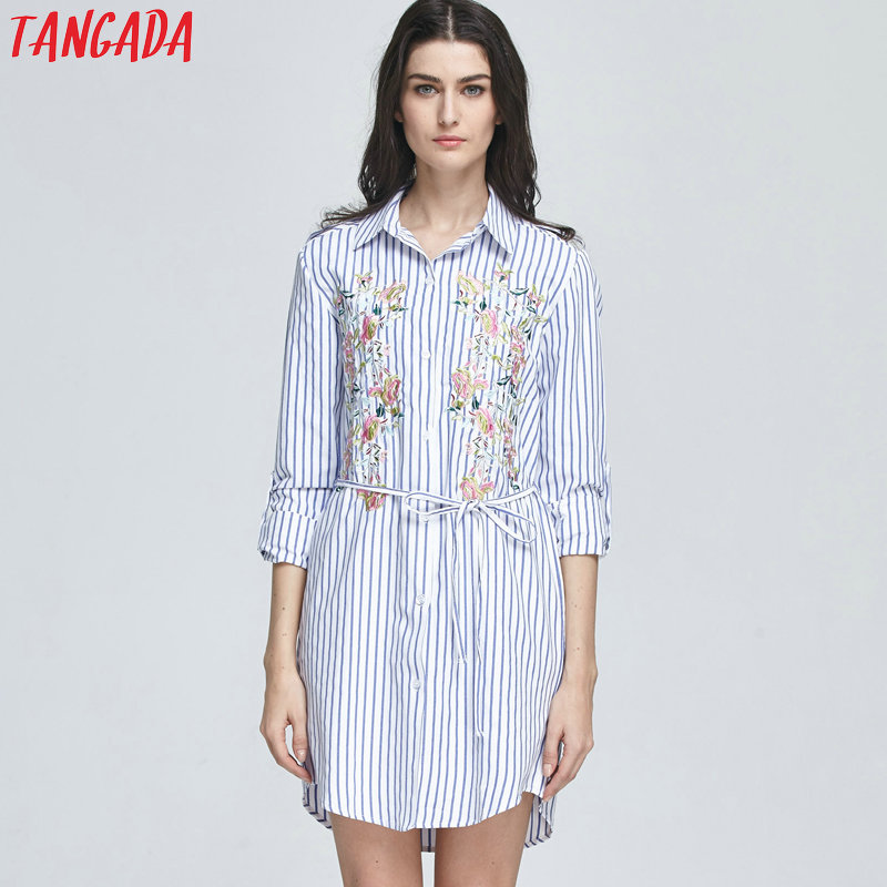 Tangada-Fashion-Women-Blue-Striped-Shirt-Dress-Floral-Embroidery-Turn-down-Collar-Sashes-Long-Sleeve-32772202335