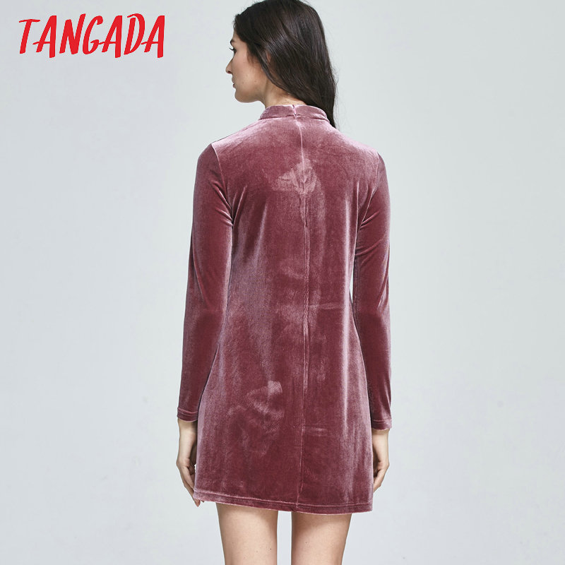 Tangada-Fashion-Women-Elegant-Pink-Velvet-Dress-Sexy-Front-Hollow-Out-Zipper-Stand-Collar-Female-Cas-32766485574