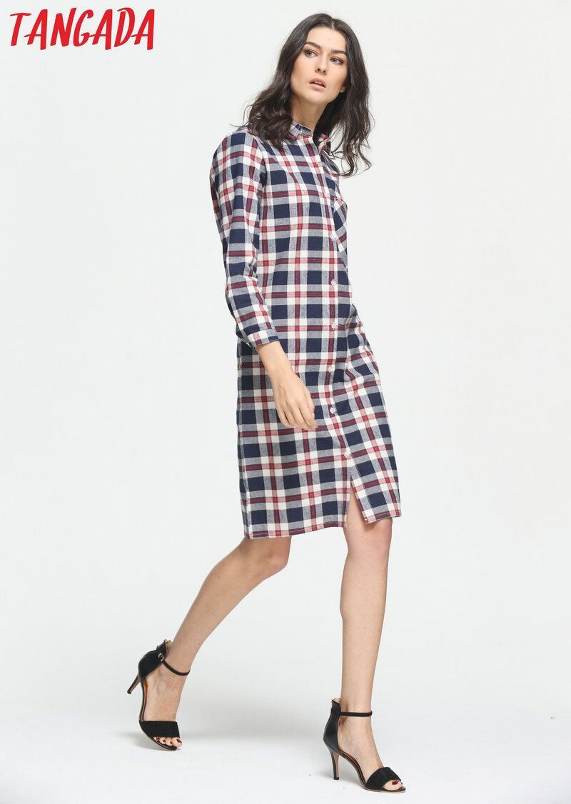 Tangada-Women-Dress-Fashion-Autumn-Cotton-Plaid-Print-Front-Back-Buttons-Pocket-Long-Sleeve-Turn-dow-32441180622