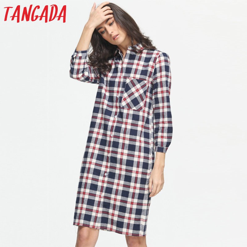 Tangada-Women-Dress-Fashion-Autumn-Cotton-Plaid-Print-Front-Back-Buttons-Pocket-Long-Sleeve-Turn-dow-32441180622