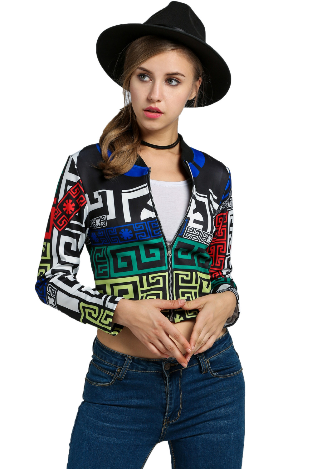 Tengeio-Autumn-Cropped-Ethnic-Jackets-Women-basic-Coat-Multicolor-Geometric-Print-Slim-Zip-Up-Long-S-32737057099