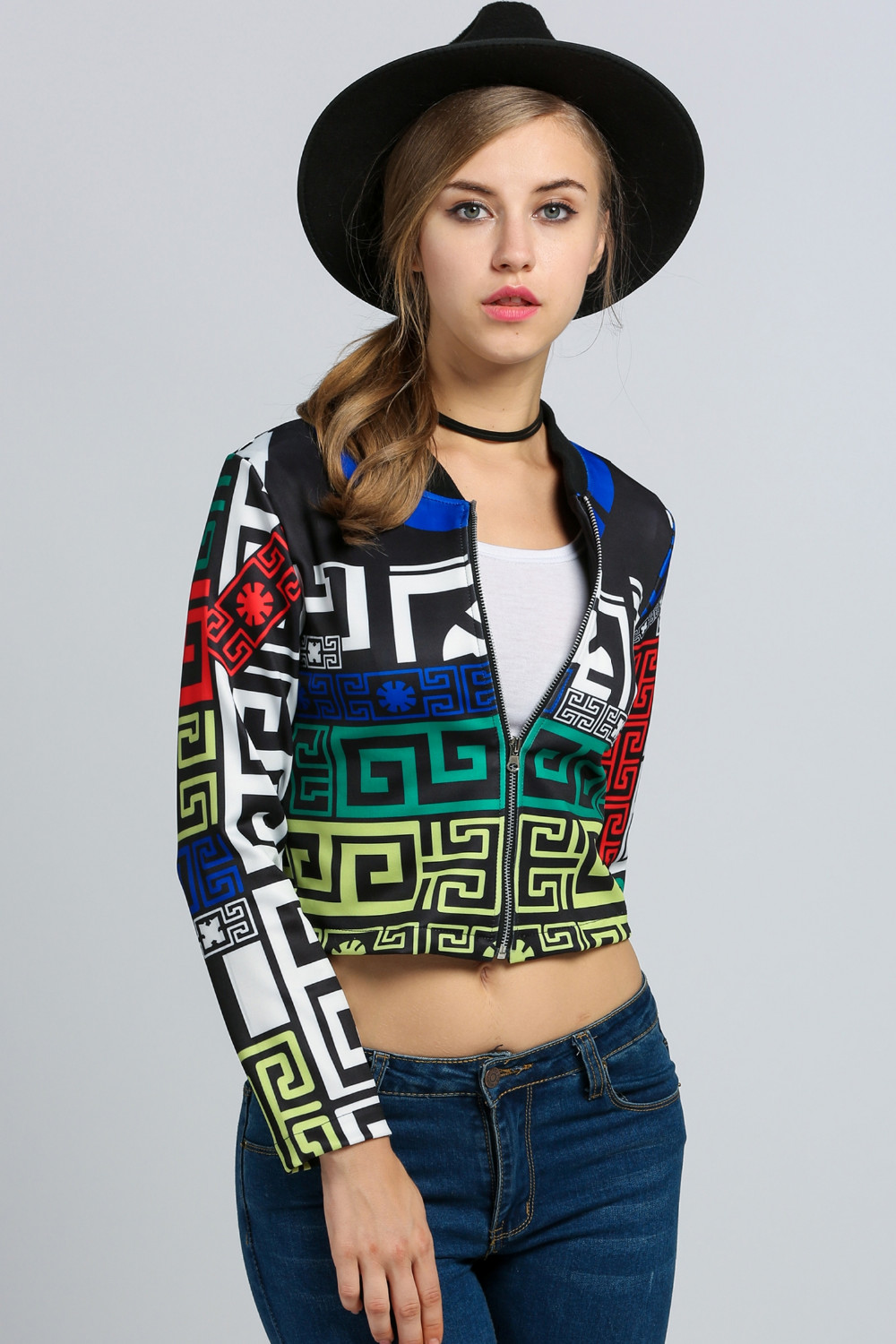 Tengeio-Autumn-Cropped-Ethnic-Jackets-Women-basic-Coat-Multicolor-Geometric-Print-Slim-Zip-Up-Long-S-32737057099