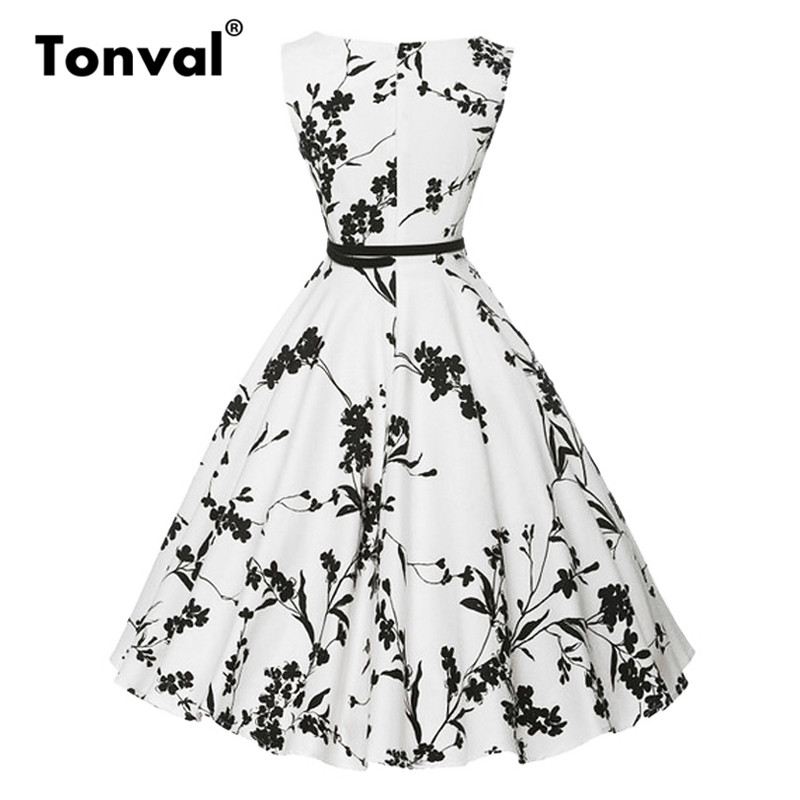 Tonval-Flowers-Print-1950s-White-Vintage-Dress-Women-4XL-Plus-Size-Belted-Floral-Dress-Summer-Tunic--32653539732