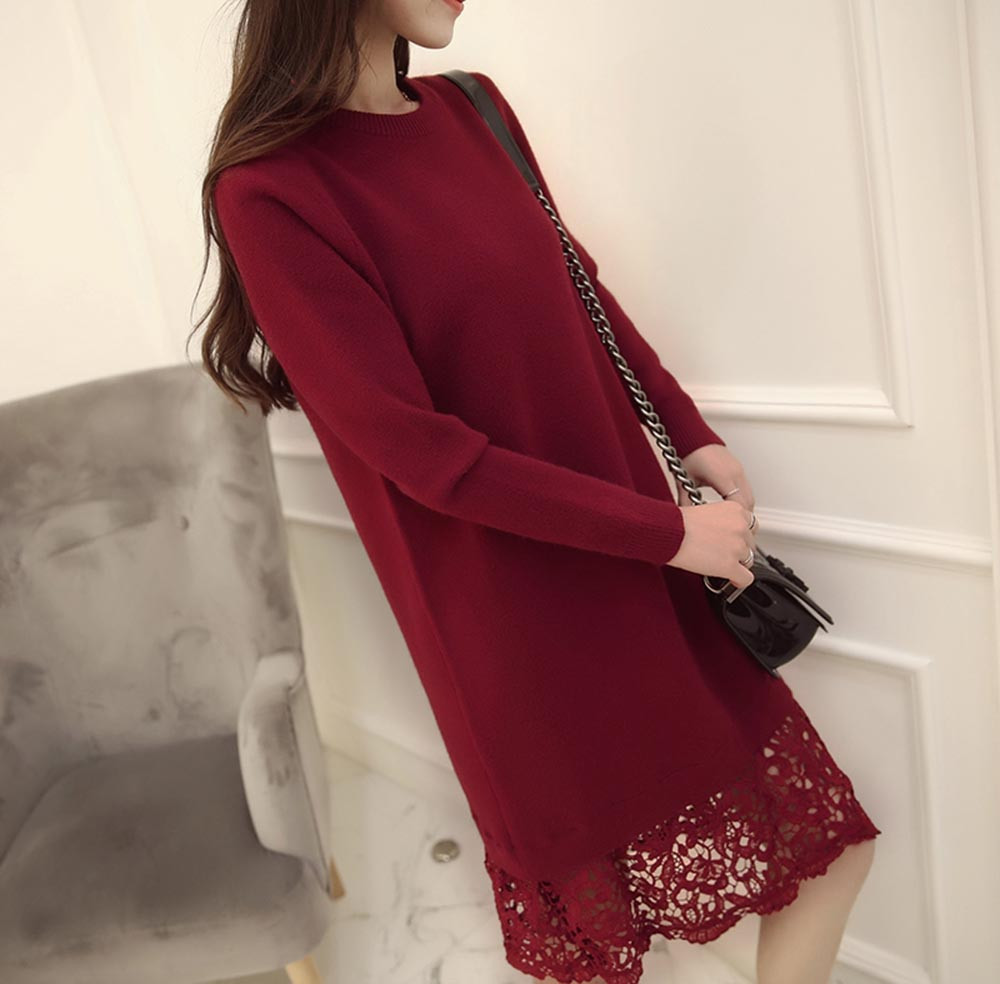 VESTLINDA-Lace-Spliced-Vestidos-Femme-Brief-Sweater-Dress-Autumn-Winter-Solid-Knitted-Dress-O-Neck-L-32730849405