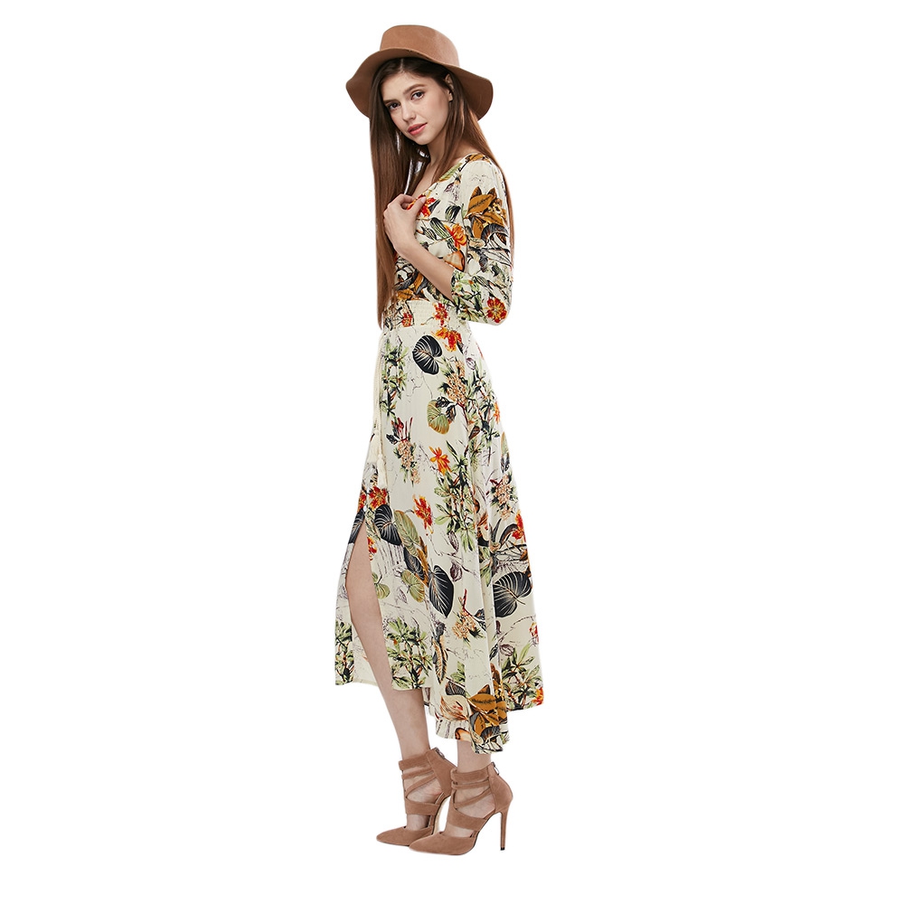 VESTLINDA-Vintage-Dress-Allover-Floral-Print-Elastic-Waist-Split-Long-Dress-V-Neck-34-Sleeve-Robe-Fe-32804191599