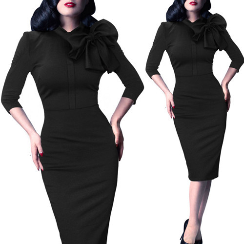 Vfemage-Womens-Elegant-1950s-Vintage-Pinup-Retro-Rockabilly-34-Sleeve-Bow-Party-Work-Sheath-Bodycon--32283278256