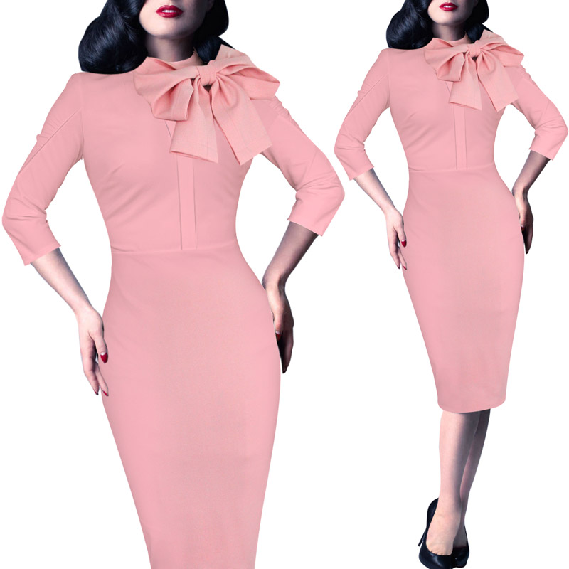 Vfemage-Womens-Elegant-1950s-Vintage-Pinup-Retro-Rockabilly-34-Sleeve-Bow-Party-Work-Sheath-Bodycon--32283278256