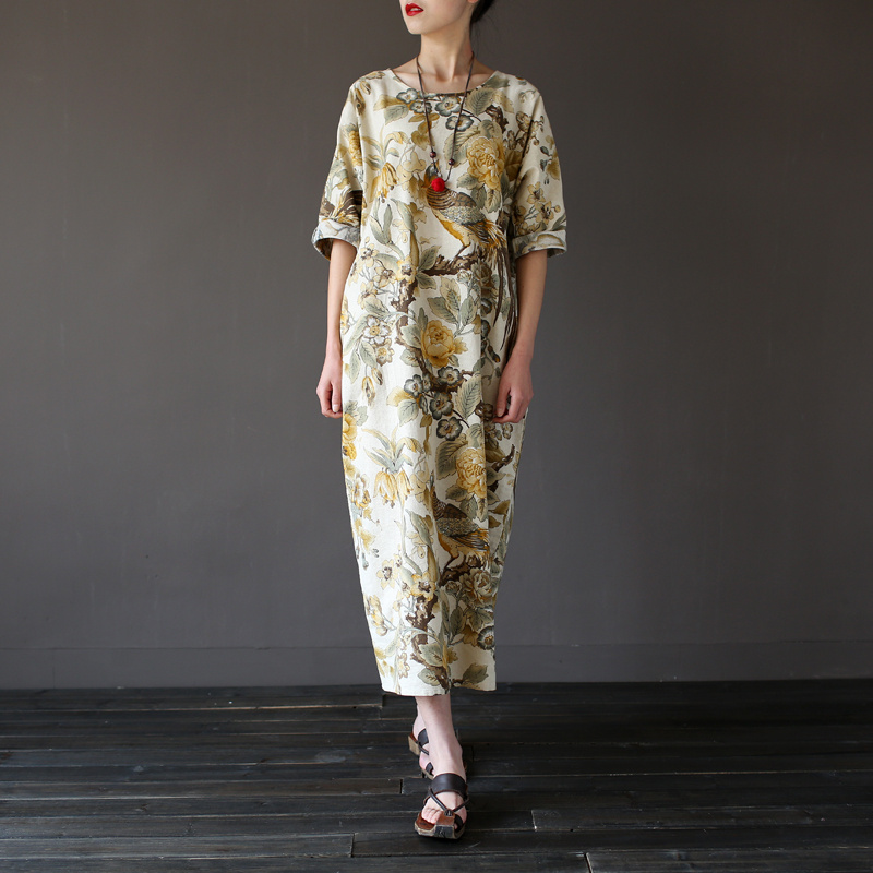 Vintage-Chinese-style-Flower-print-Women-Long-Dress-Cotton-Linen-Loose-Casual-Summer-Maxi-Dress-Bran-32647297778