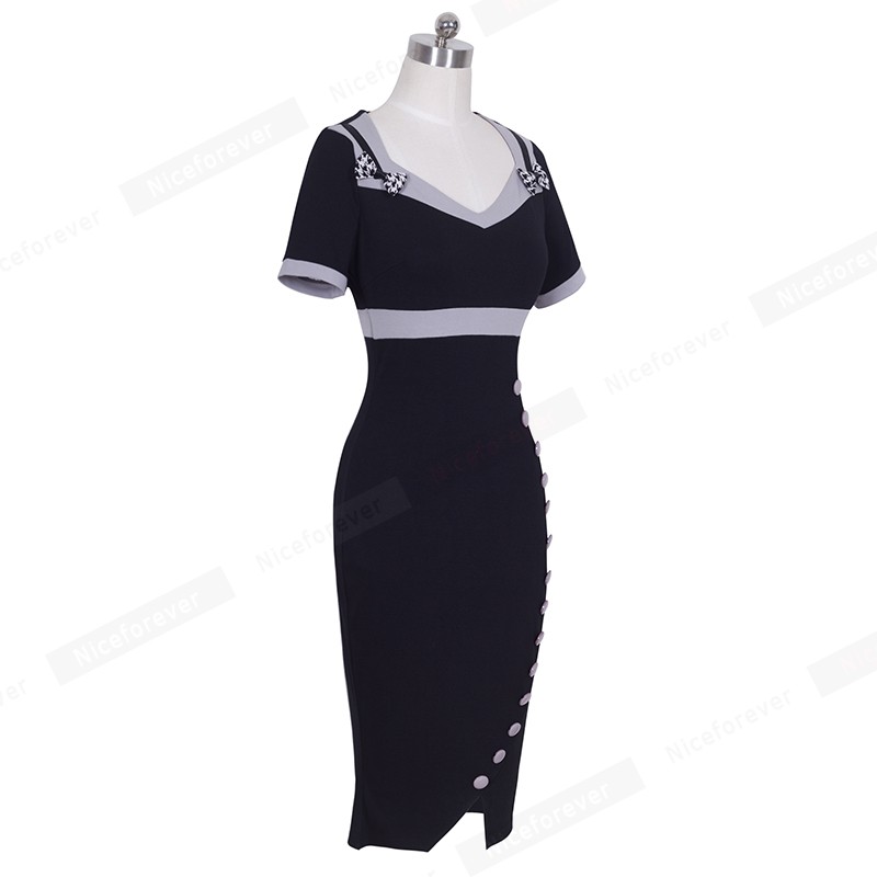 Vintage-Mermaid-Women-Office-Dress-Summer-Casual-Contrast-Patchwork-Sheath-Bodycon-Party-Dress-B220-32417595774