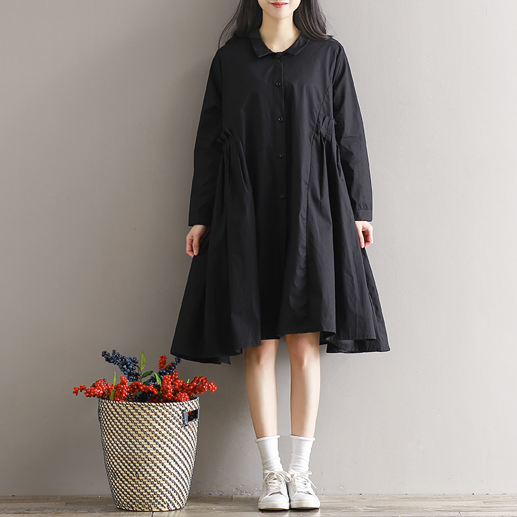 White-Black-Color-Shirt-Dress-Spring-Autumn-New-Women-Literary-Loose-Long-Sleeve-Pleated-Plus-Size-D-32787254614