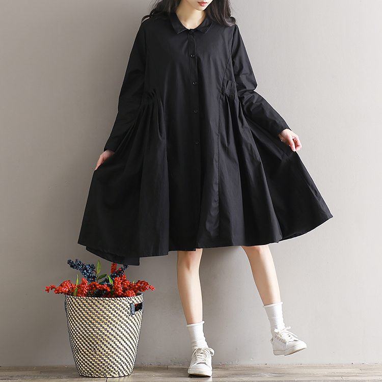 White-Black-Color-Shirt-Dress-Spring-Autumn-New-Women-Literary-Loose-Long-Sleeve-Pleated-Plus-Size-D-32787254614