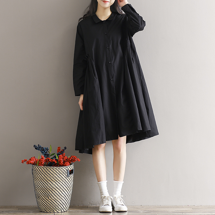 White-Black-Color-Shirt-Dress-Spring-Autumn-New-Women-Literary-Loose-Long-Sleeve-Pleated-Plus-Size-D-32787254614