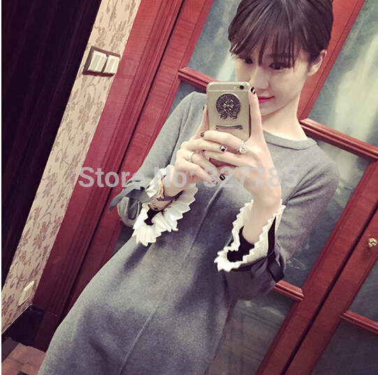 Women-Brand-Wool-Cashmere-Knee-Length-Dress-Bow-knot-Dress-kFP423-Free-Shipping-32288328650