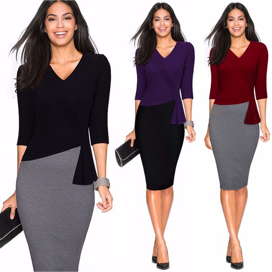 Women-Casual-Wear-To-Work-Office-Sheath-Fitted-Pencil-Dress-Autumn-Elegant-Classy-V-Neck-Patchwork-B-32729572519