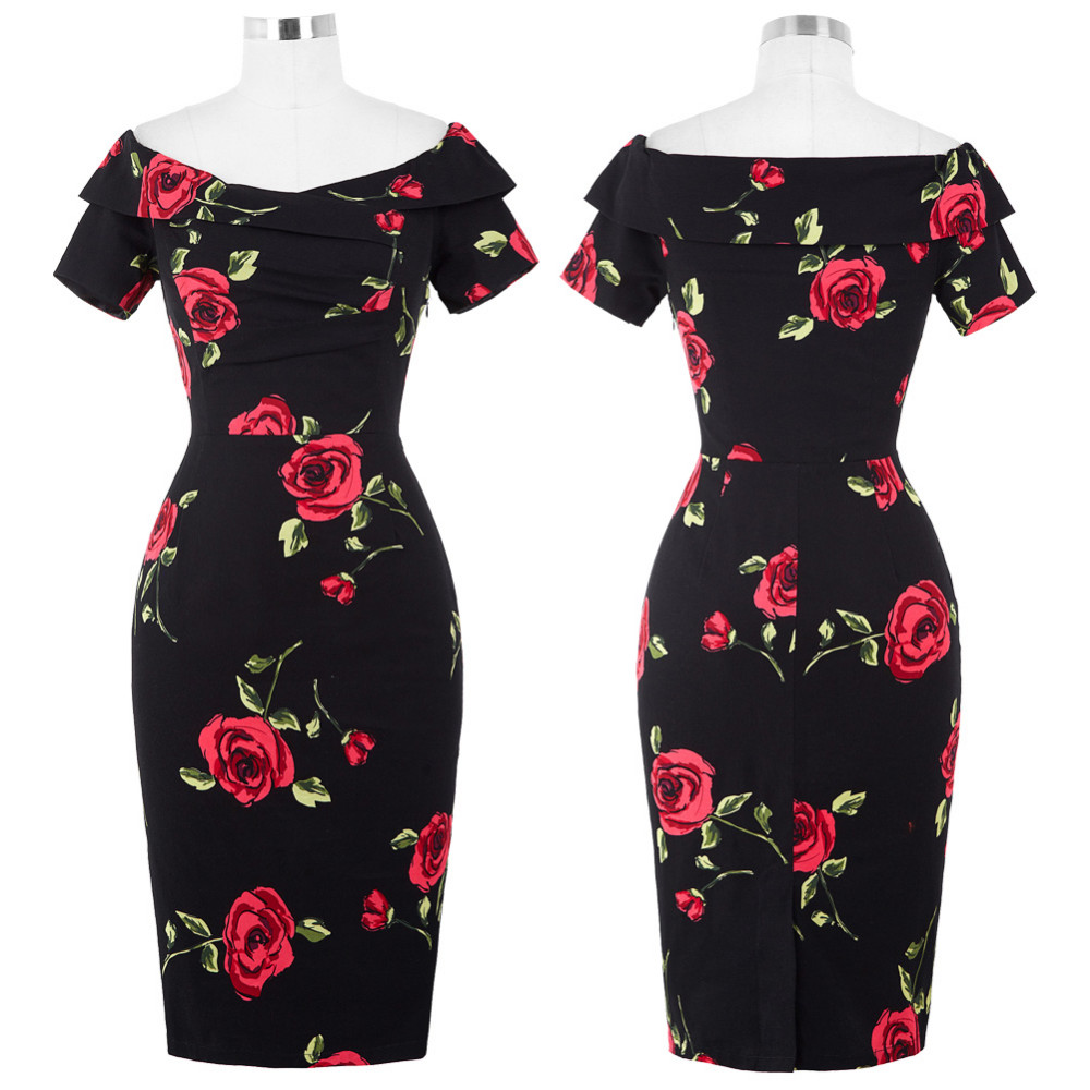 Women-Dress-2017-Short-Sleeve-Off-Shoulder-Slim-Bodycon-Pencil-Dress-50s-60s-Rockabilly-Floral-Swing-32703923625