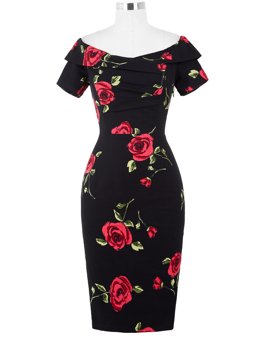 Women-Dress-2017-Short-Sleeve-Off-Shoulder-Slim-Bodycon-Pencil-Dress-50s-60s-Rockabilly-Floral-Swing-32703923625