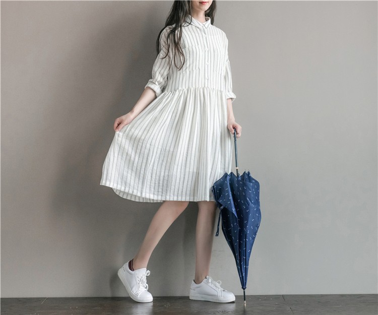 Women-Dress-Long-Sleeve-Dress-White-Stripped-A-Line-Turn-Down-Collar-Mori-Gril-Cotton-Casual-Dress-S-32783559578