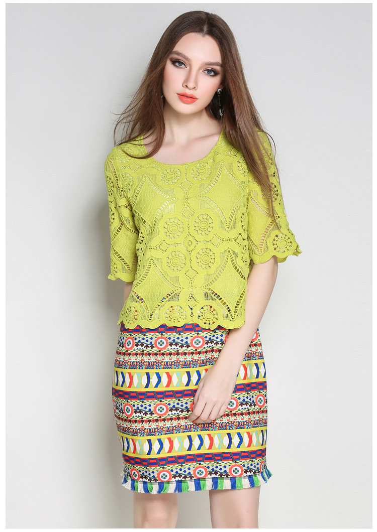 Women-Ethical-Green-Lace-Dress-Pieced-Tribe-Pattern-Printed-Fringe-Trim-12-Sleeve-Shift-Dresses-Plus-32784430333