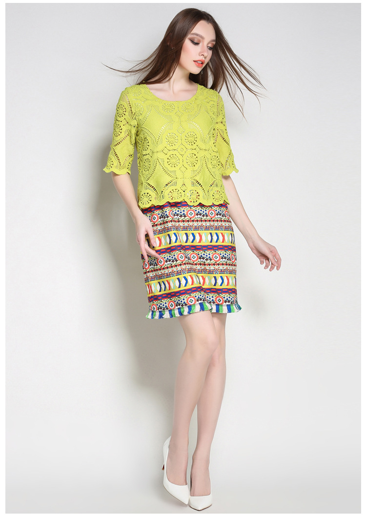 Women-Ethical-Green-Lace-Dress-Pieced-Tribe-Pattern-Printed-Fringe-Trim-12-Sleeve-Shift-Dresses-Plus-32784430333