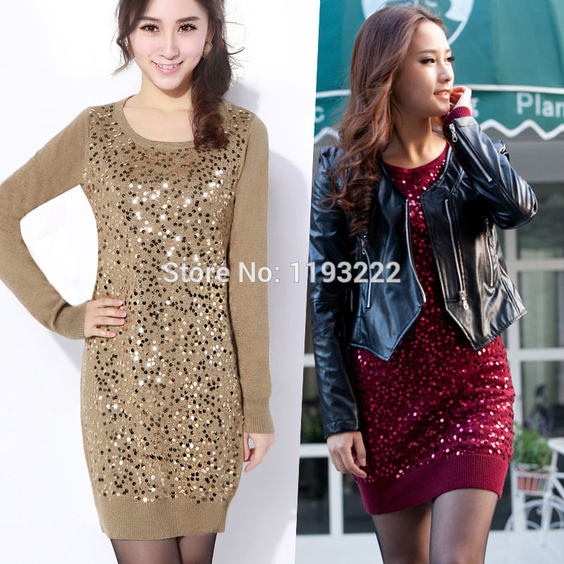 Women-Lady-Sexy-Sequins-BlingBling-O-Neck-Bodycon-Knitted-Knitwear-Sweater-Dress-Mini-Dress-32300814923